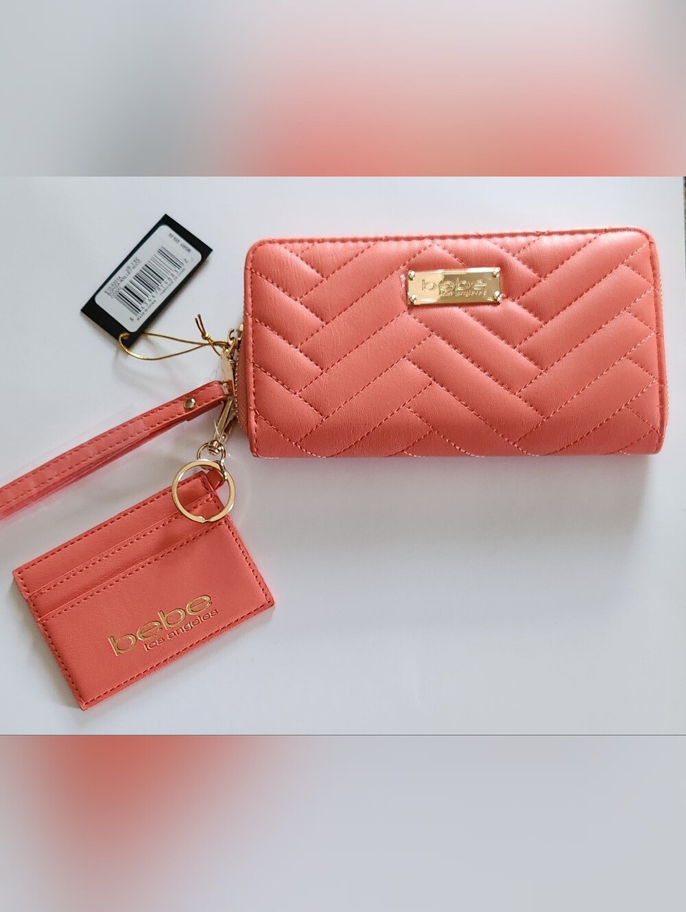 Bebe Quilted Coral-Peach Wallet Wristlet with Card Holder NWT
